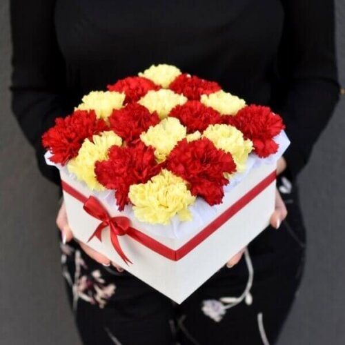 Two color carnations in a square box