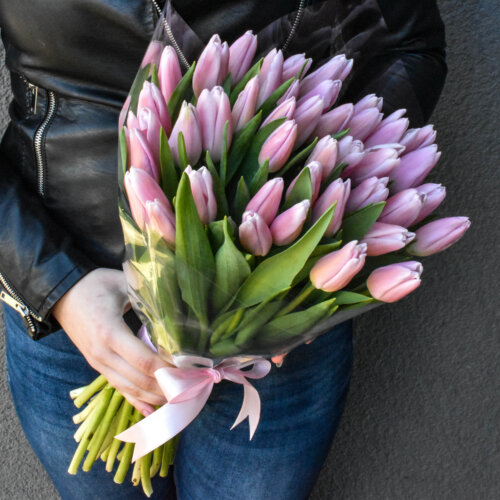 A bouquet of pink tulips for a birthday occasion